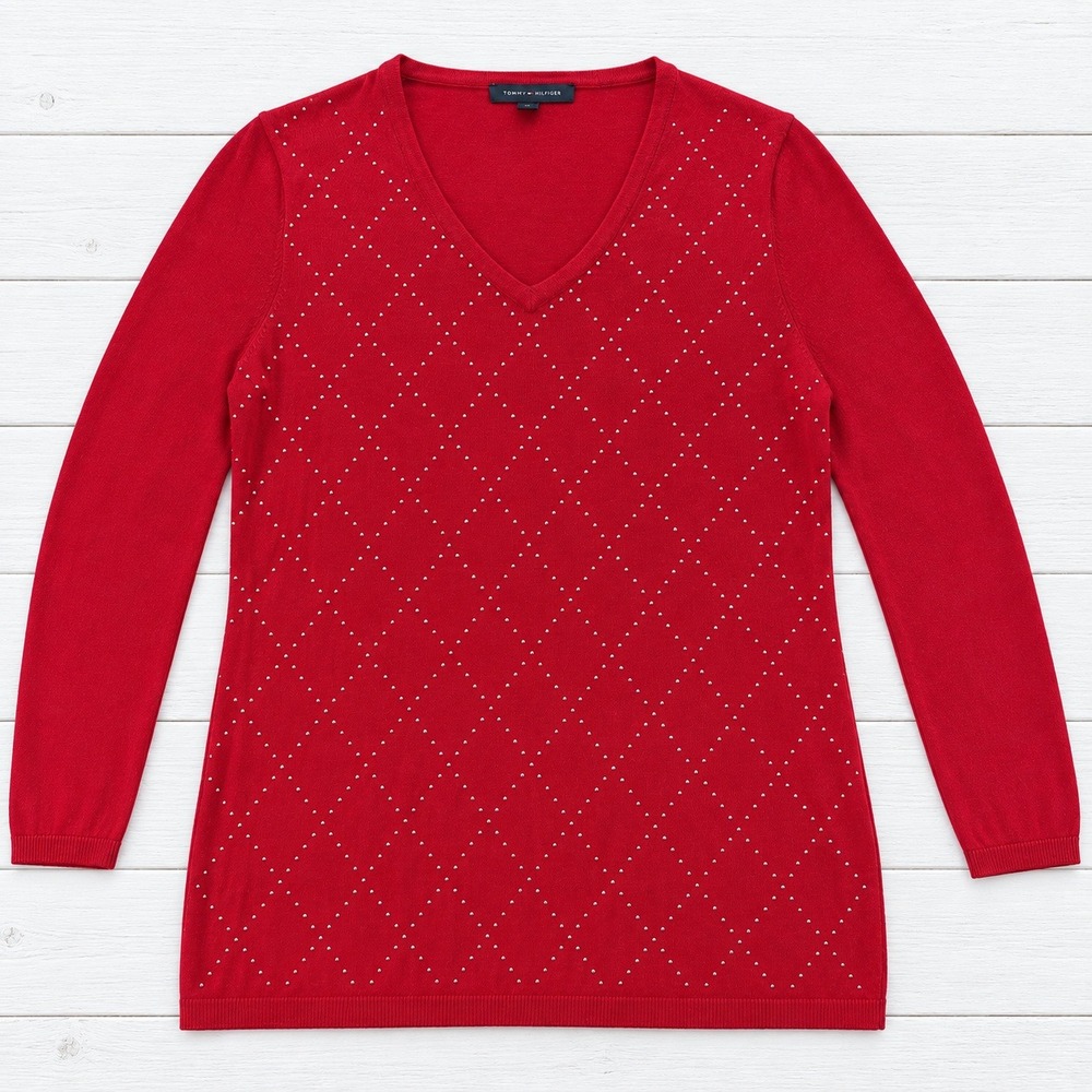 Tommy Hilfiger V-Neck Studded Argyle Red Cotton Knit Sweater XL 4275